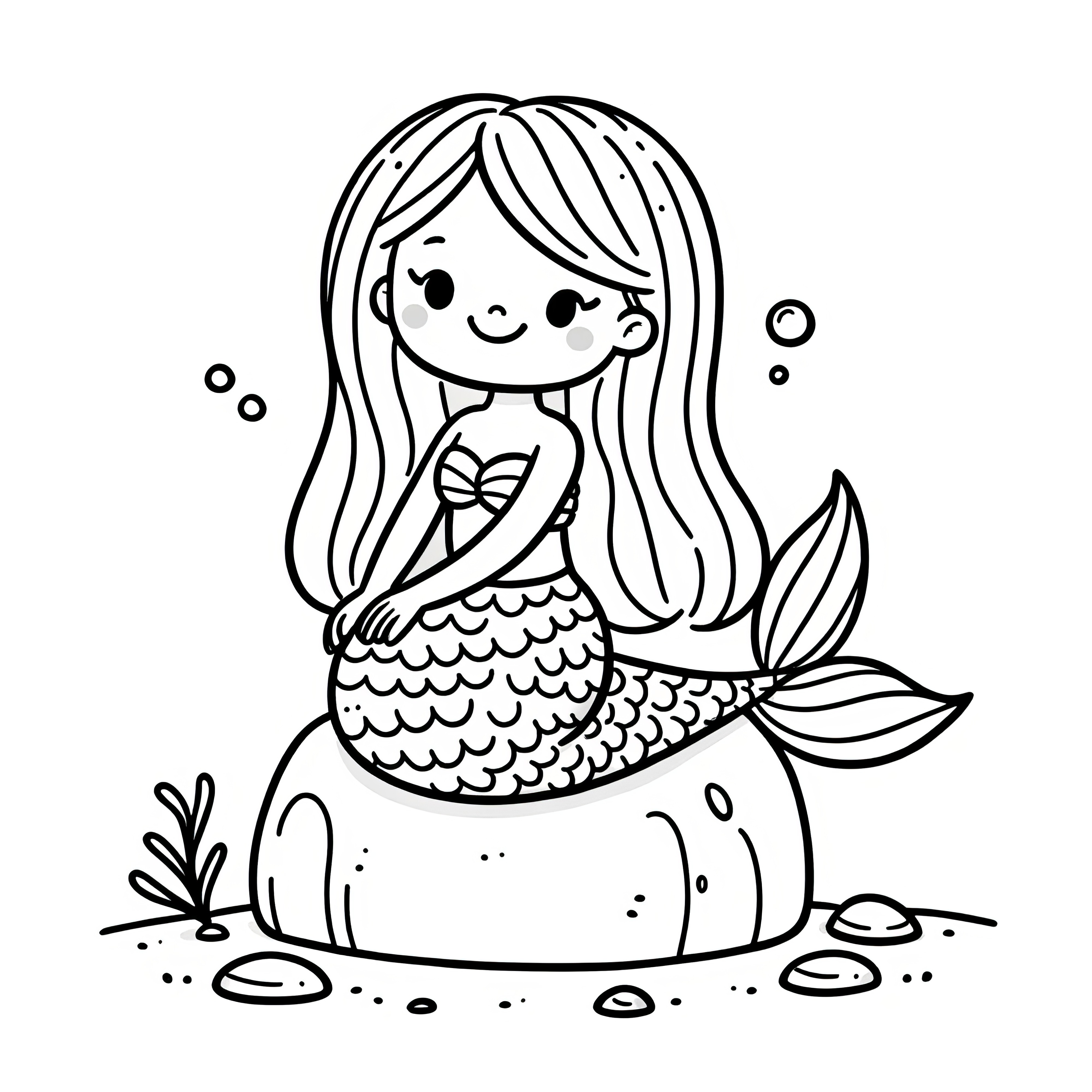 Mermaid on rocks underwater: Simple coloring picture (Free)