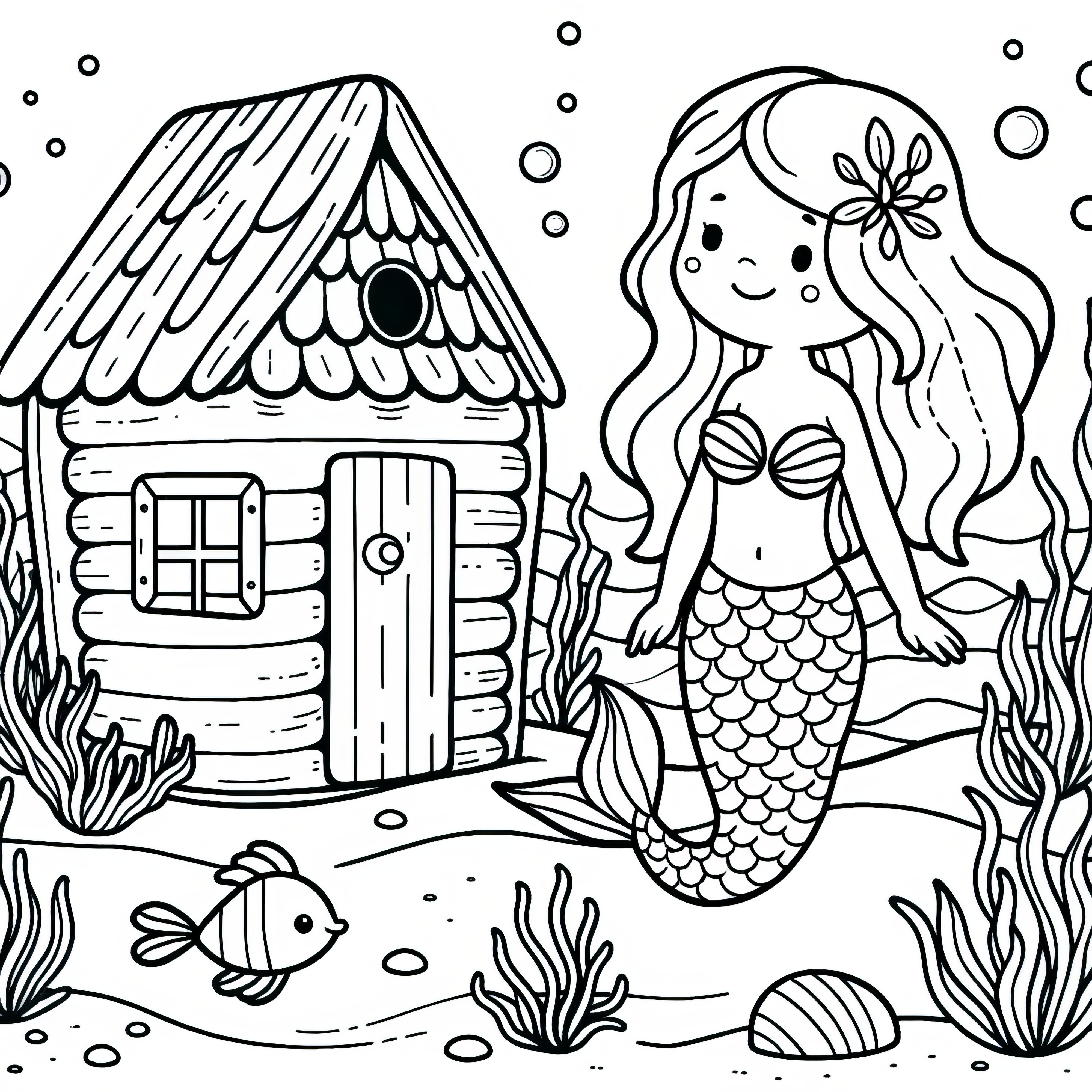 Mermaid and small house: Simple coloring page (Free)