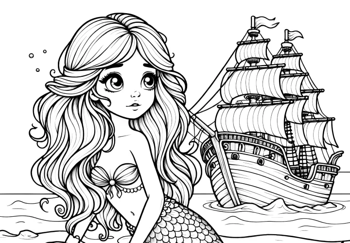 Mermaid on the beach with sailing ship: Picture to color (Free)