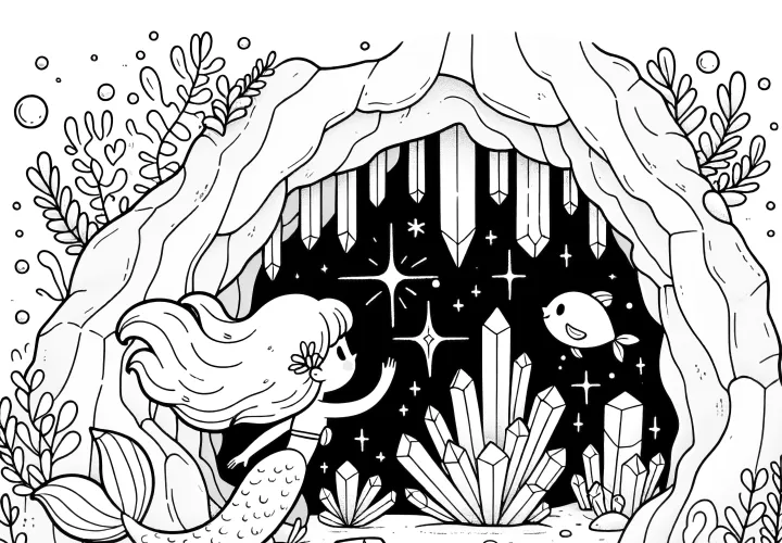 Mermaid at the entrance to the underwater cave: Free coloring picture