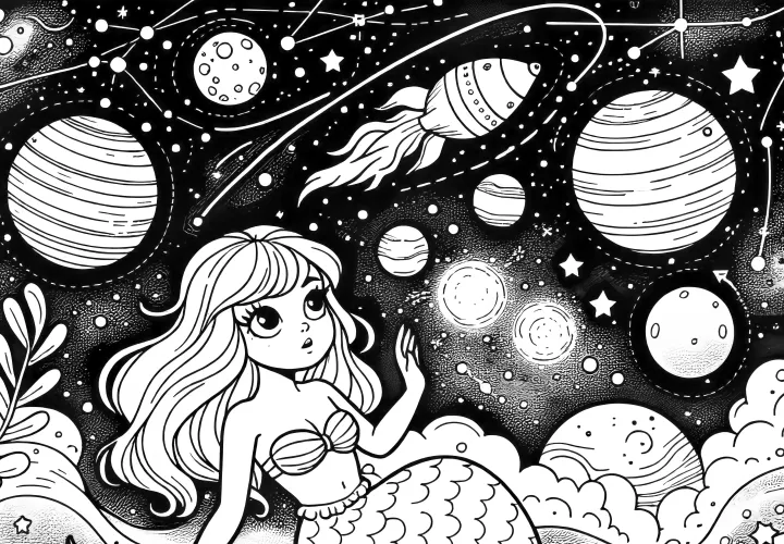 Mermaid with planets in the sky: Free coloring page