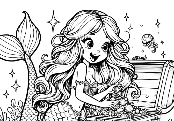 Mermaid with treasure: Coloring picture for free download