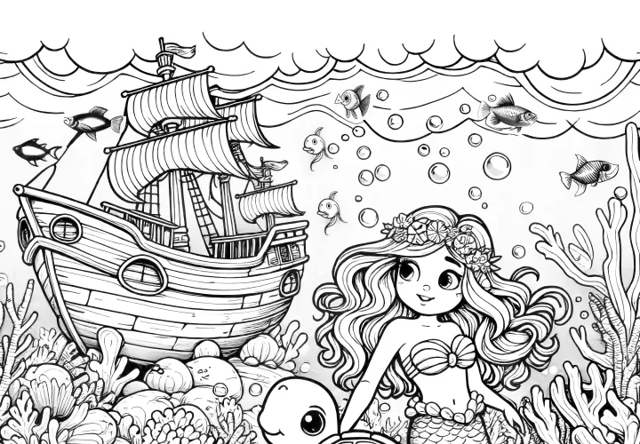 Mermaid with turtle and shipwreck: Free coloring page