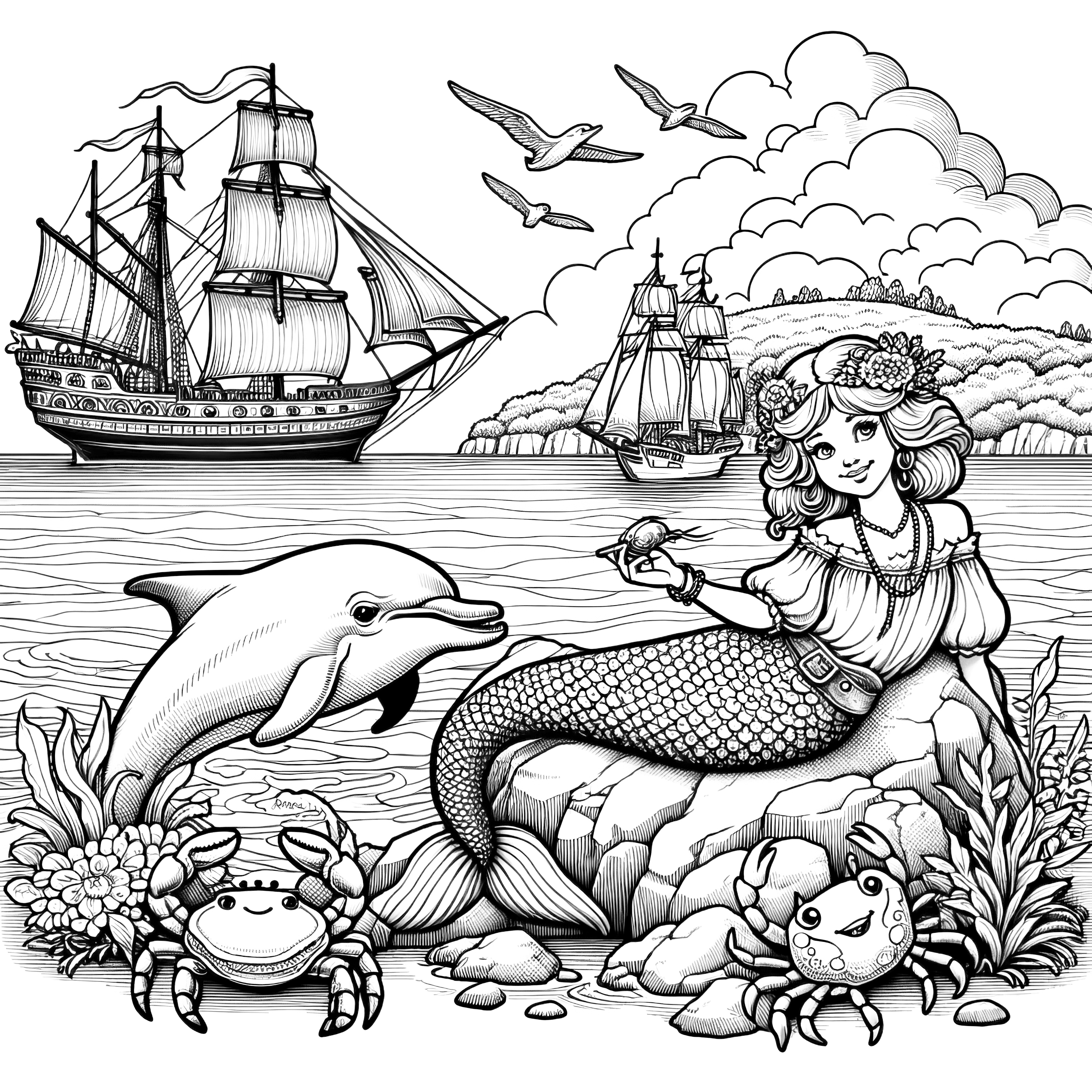 Mermaid on land with dolphin and sailing ship in the background: Coloring picture for adults (free)