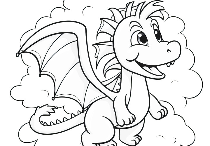 Dragon vole à travers un nuage moelleux : coloriage à télécharger gratuitement