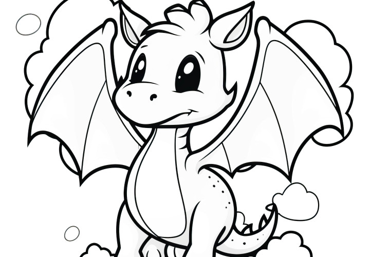 Fier petit dragon vole au-dessus des nuages: dessin à colorier à télécharger gratuitement