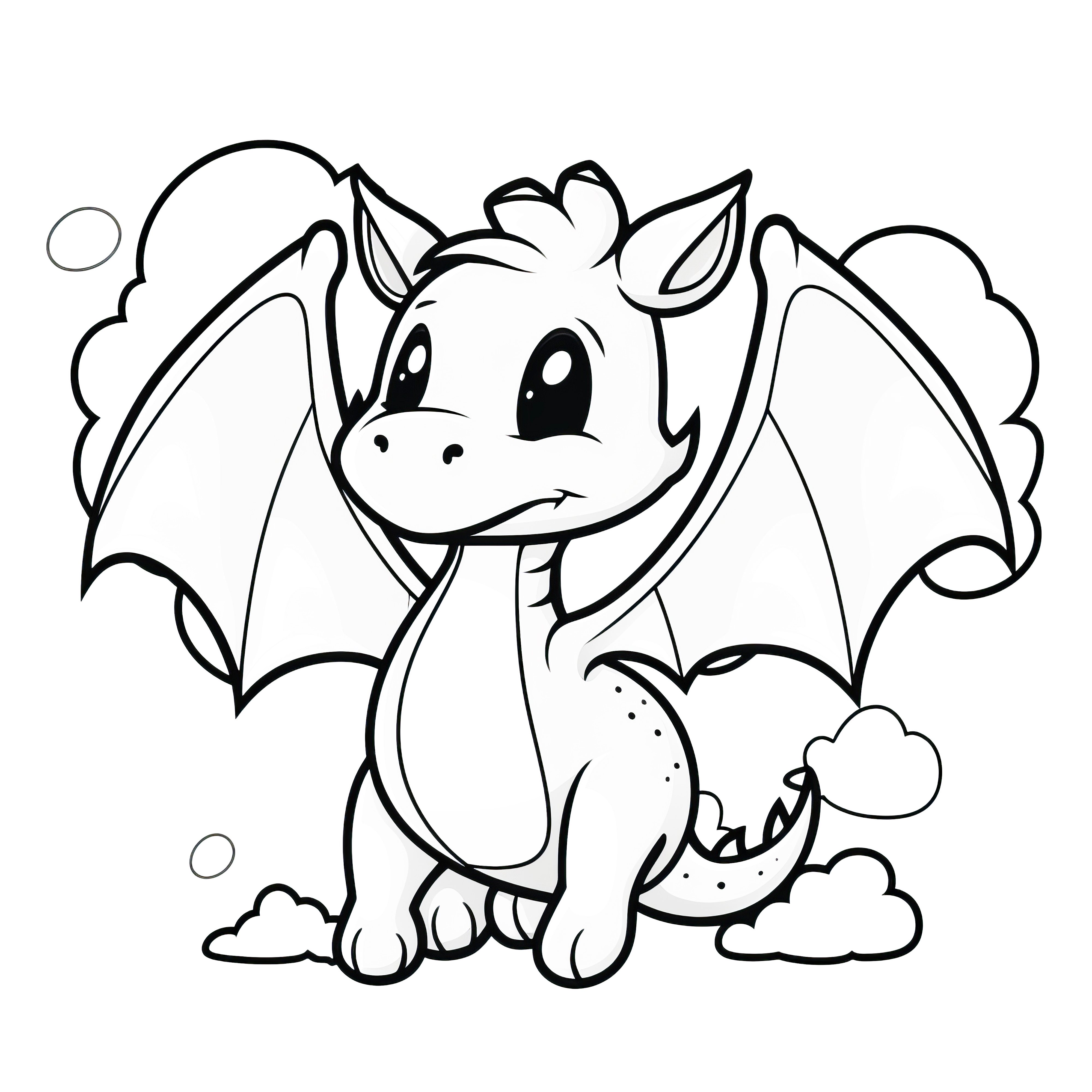 Fier petit dragon vole au-dessus des nuages: coloriage à télécharger gratuitement