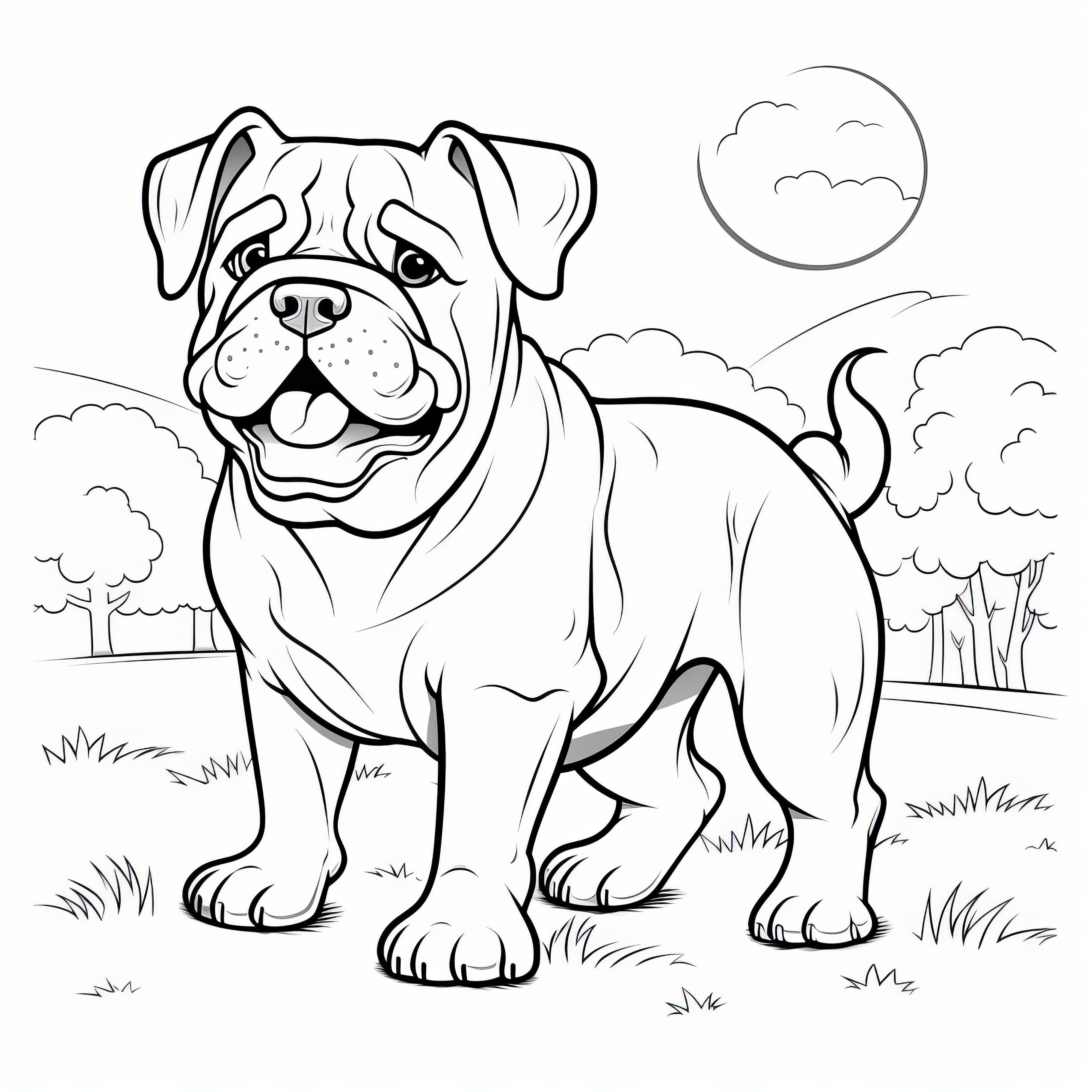 Bulldog juguetón en un paisaje idílico: Descarga la imagen para colorear gratis