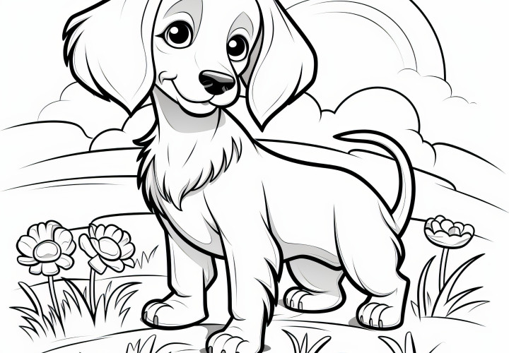 Pequeño perro salchicha en un paisaje con flores: imagen para colorear para descargar (gratis)