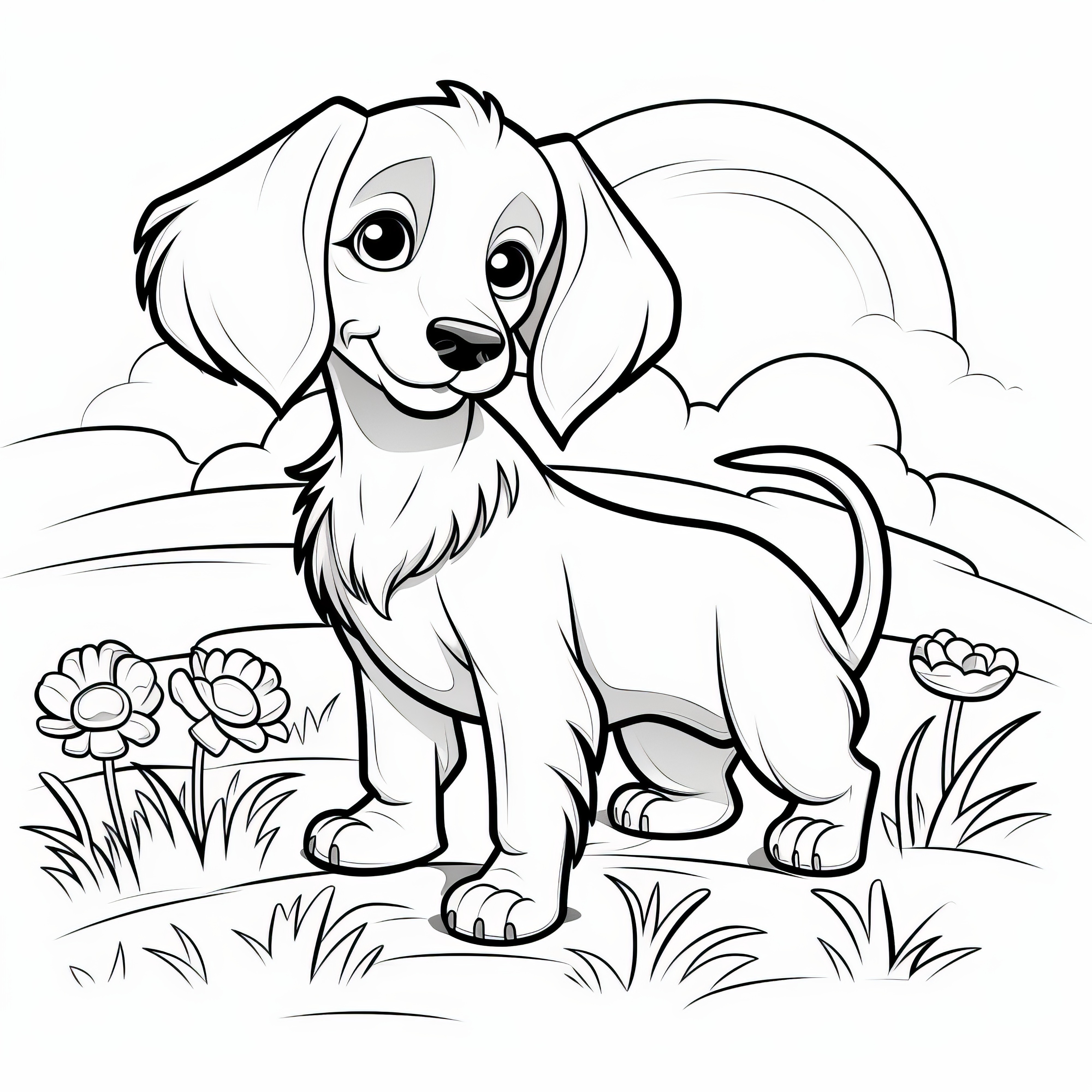 Perrito salchicha en paisaje con flores: Dibujo para colorear para descargar (gratuito)