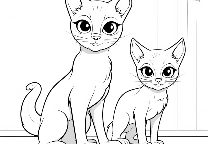 Ilustración para colorear gratuita: Madre gata con su hijo