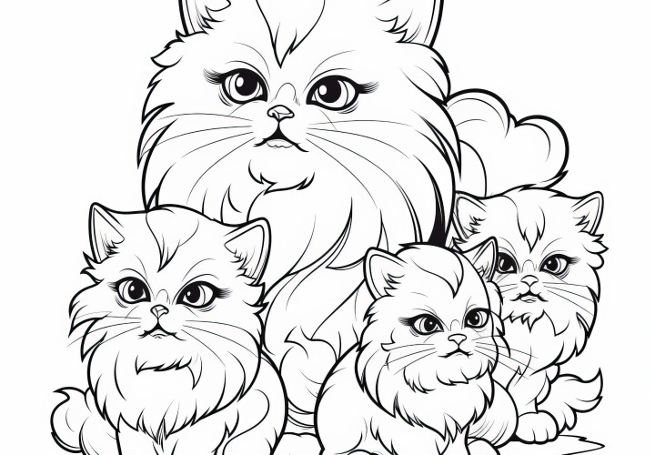 Famille de chats douillets : Coloriage simple gratuit