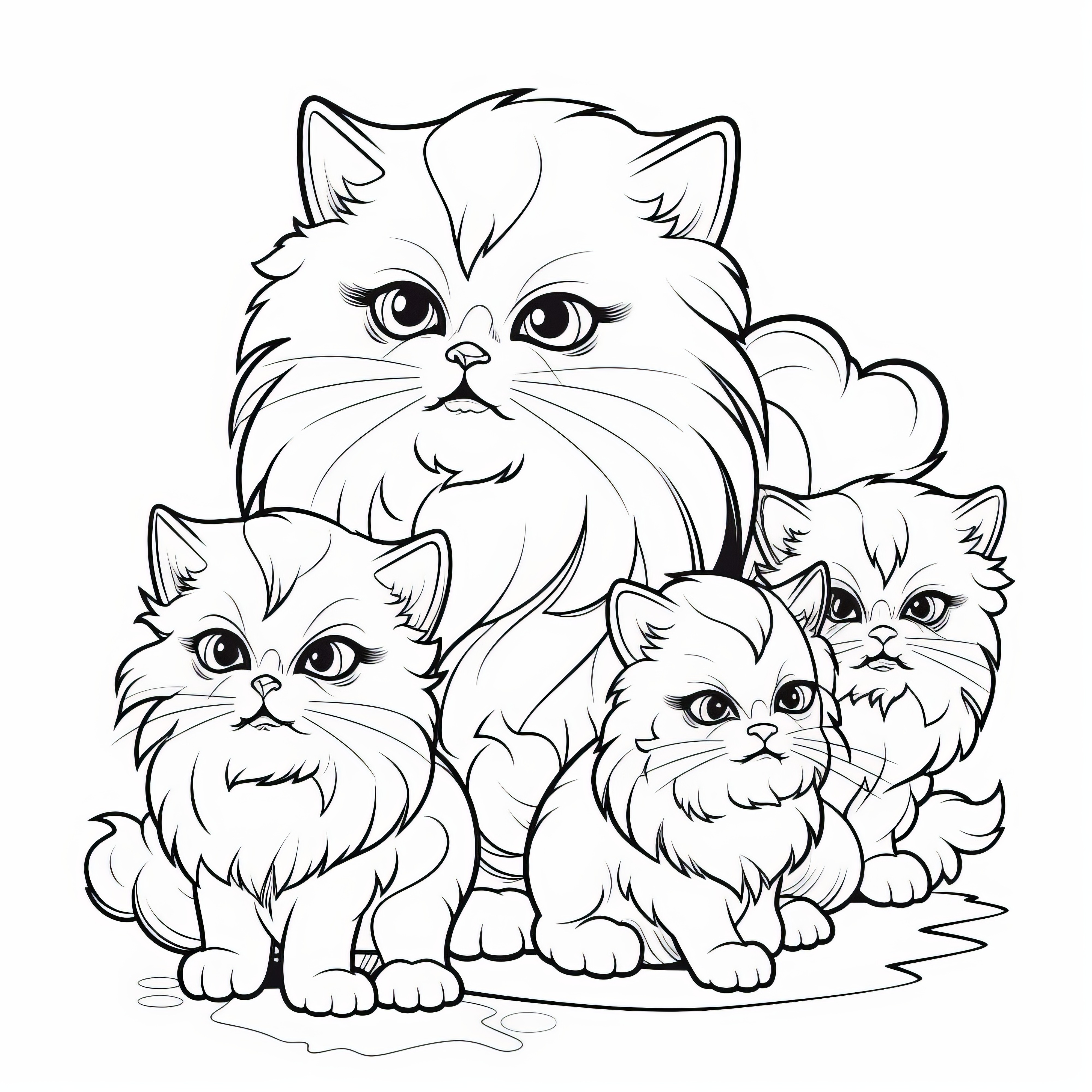 Familia de gatos peludos: Dibujo para colorear gratuito