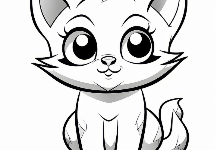 Mignon petit chaton aux grands yeux ronds : Coloriage simple pour enfants (gratuit)