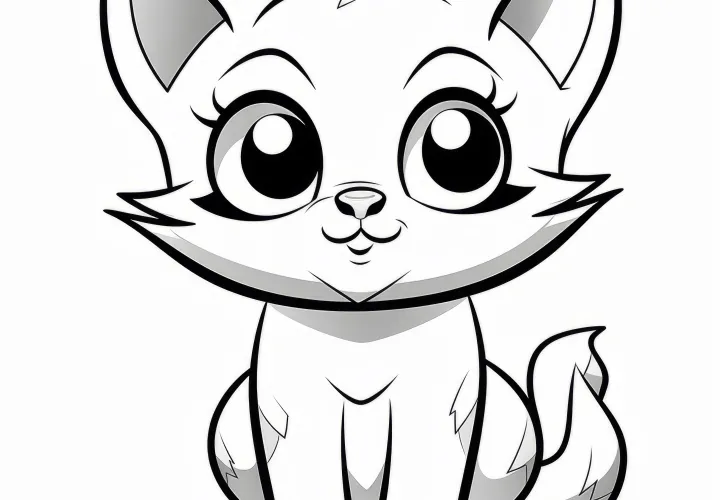 Gatito dulce con ojos grandes: Dibujo para colorear sencillo para niños (Gratis)