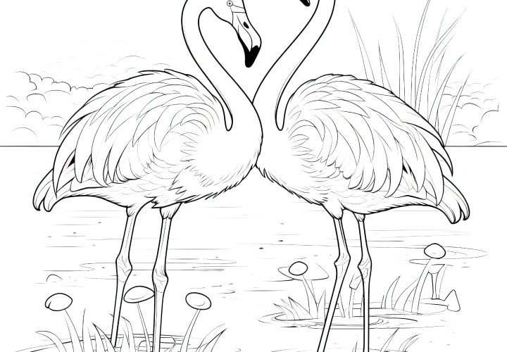 Elegantes flamencos en el lago: dibujo para colorear gratis para descargar