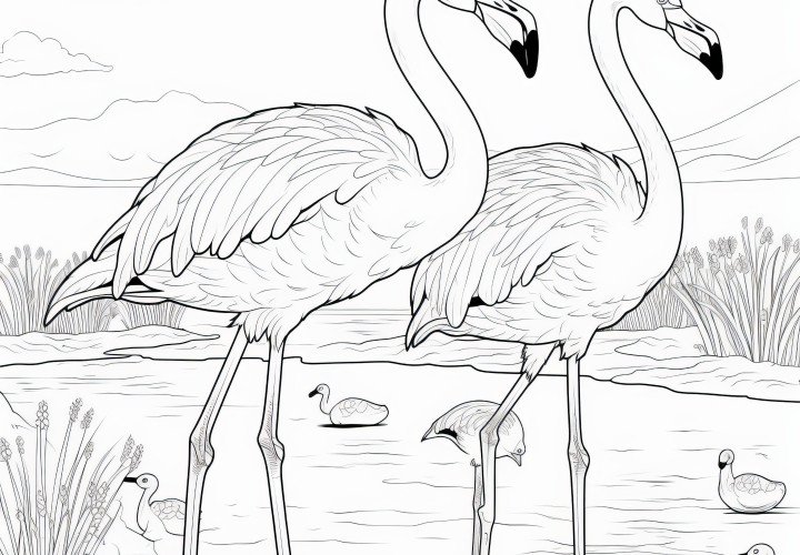 Dos flamencos están parados en el agua: Dibujo para colorear gratis para descargar