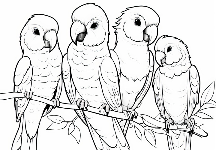 Quatre perroquets mignons sur une branche : image à colorier à télécharger gratuitement