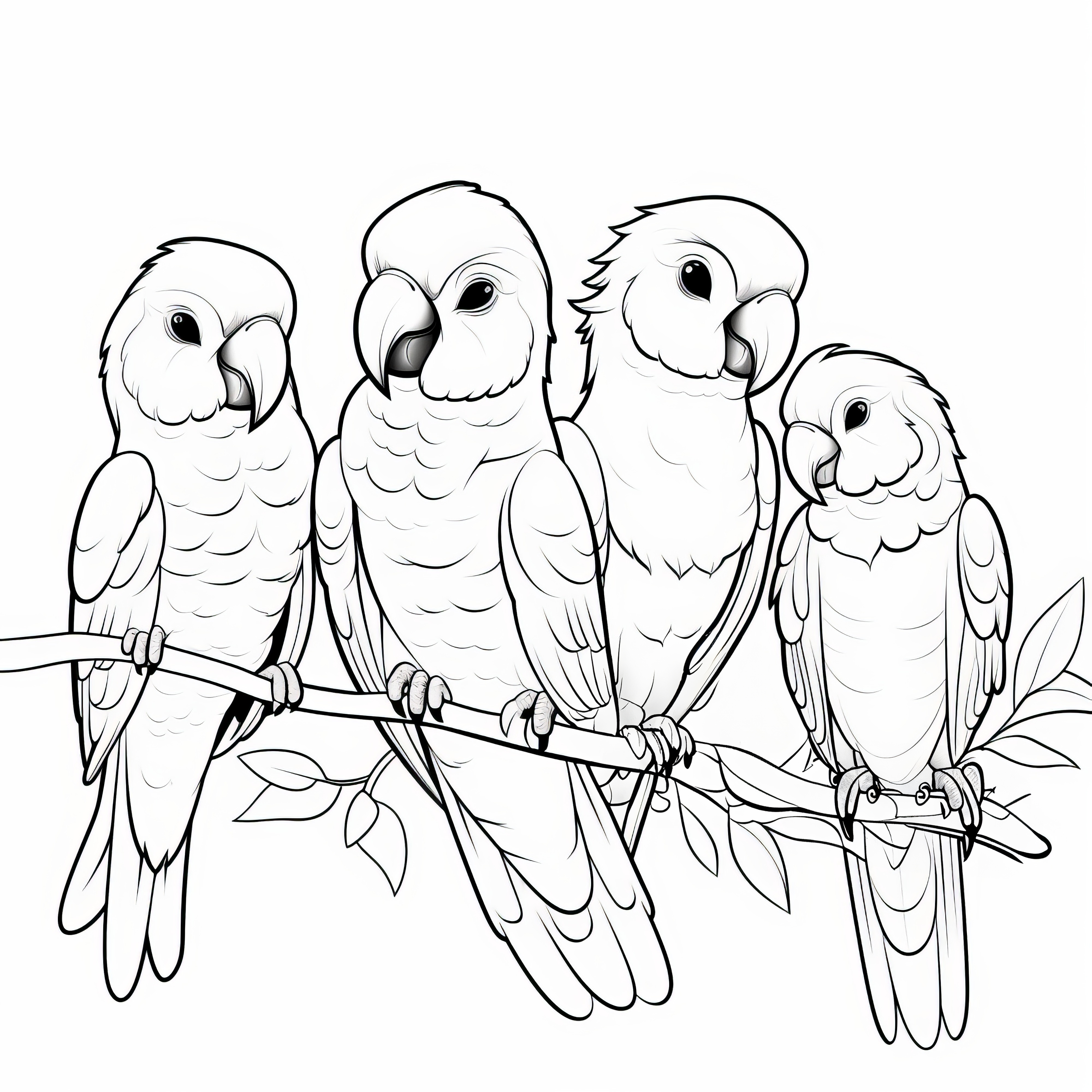 Cuatro loros lindos en una rama: dibujo para colorear para descargar gratis