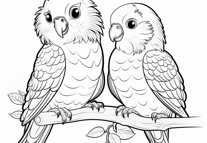 Dos hermosos pájaros en una rama: plantilla para colorear para descargar (Gratis)