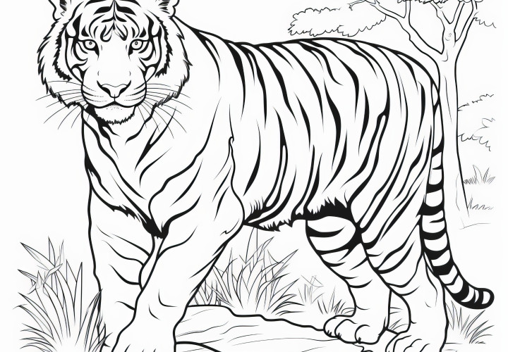 Tigre puissant dans la steppe : Téléchargez gratuitement un coloriage