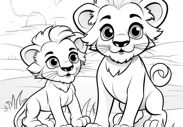 Deux petits lions joueurs : Coloriage mignon pour enfants (gratuit)