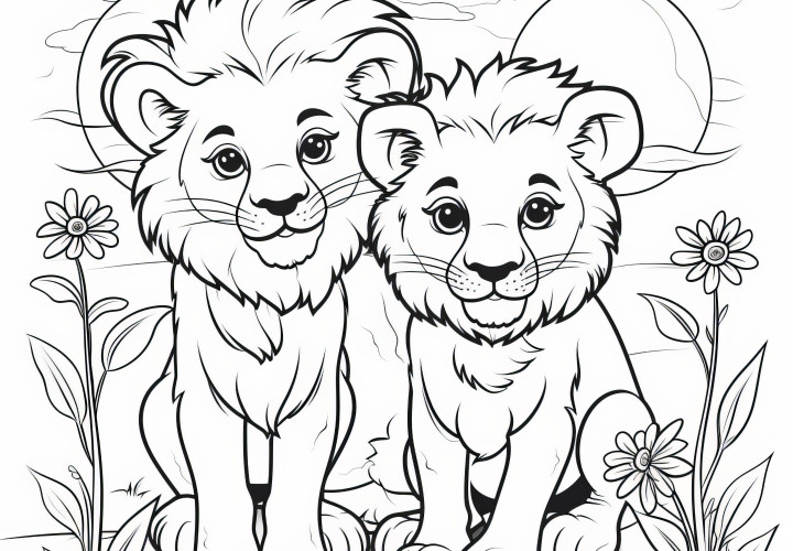 Maman lion et papa lion : Modèle de coloriage gratuit pour enfants