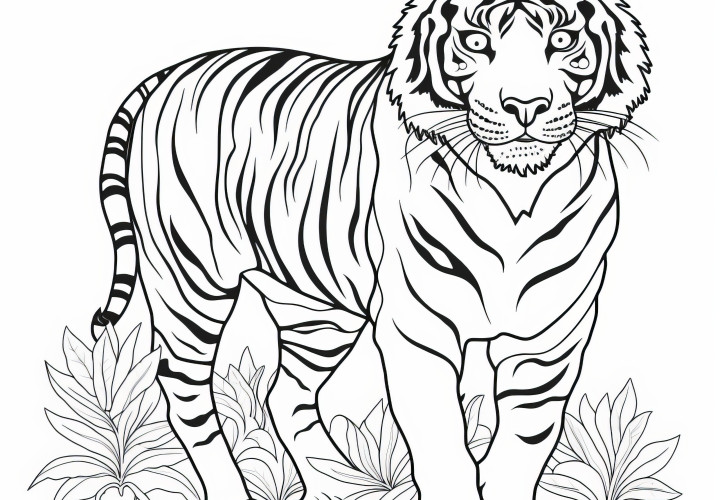 Coloriage Félins : Tigre dans la nature avec des plantes (Gratuit)