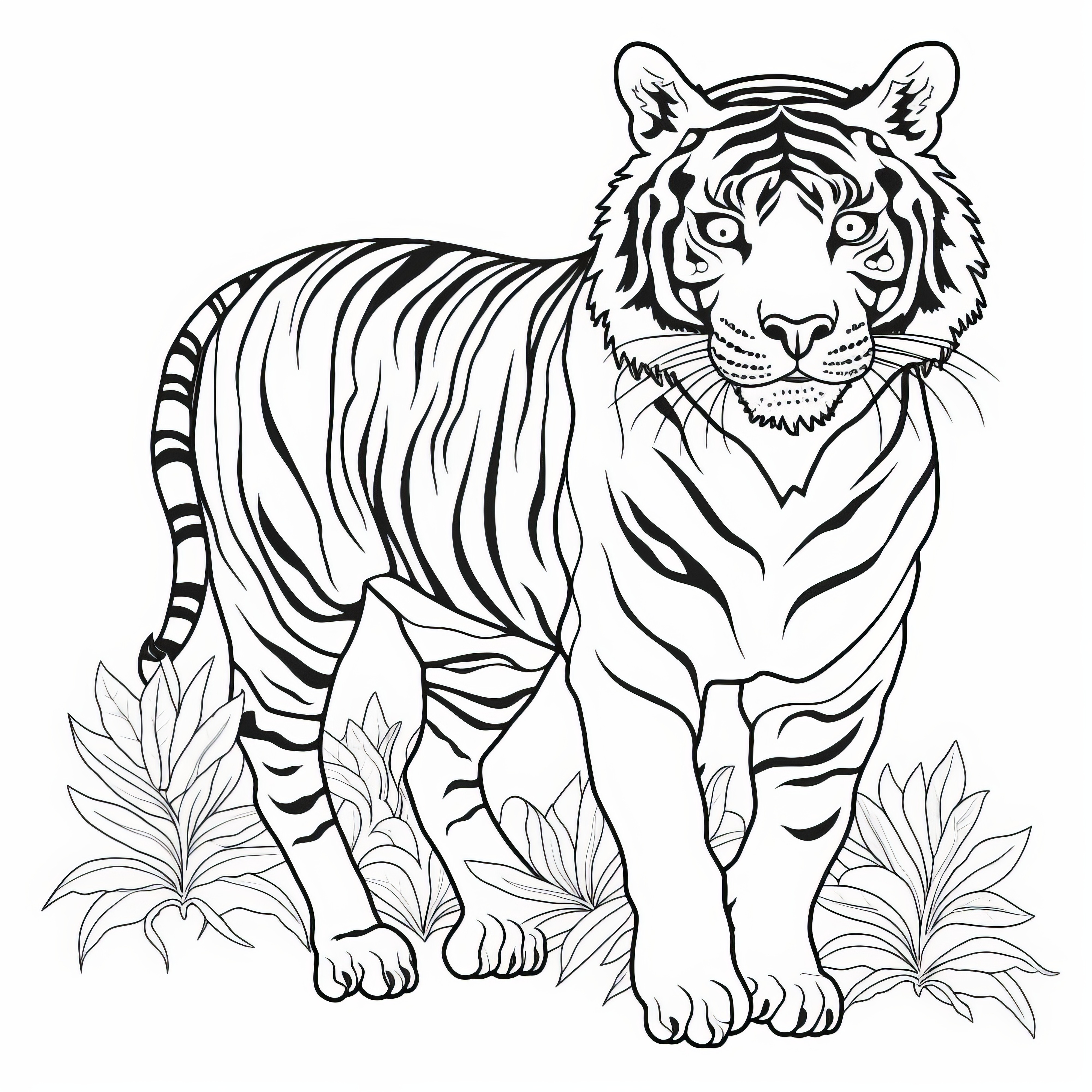 Coloriage de félin : Tigre dans la nature avec des plantes (Gratuit)