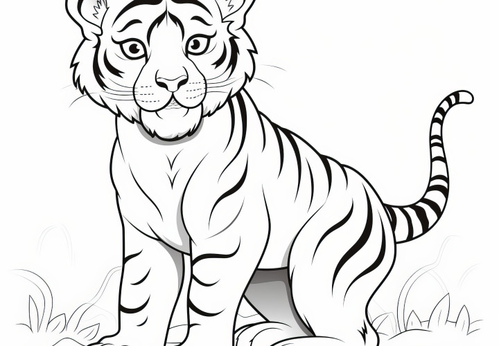 Jeune tigre attentionné : modèle de coloriage pour enfants (gratuit)