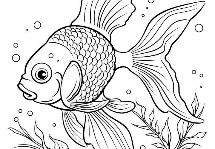 Poisson avec des plantes aquatiques : image à colorier (Gratuit)