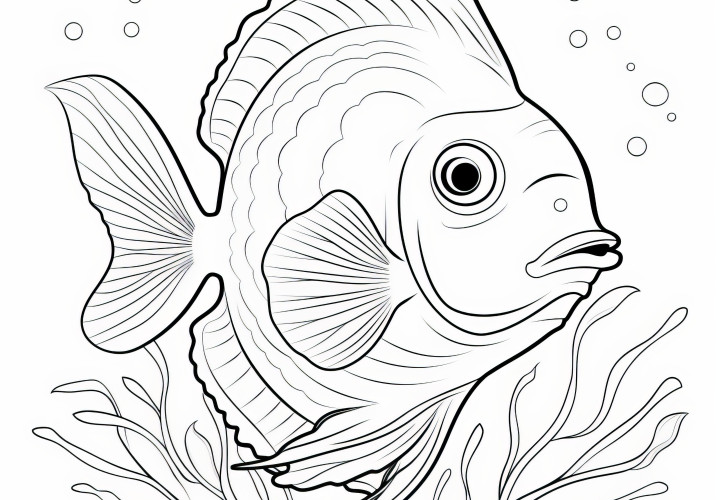 Poisson nage parmi les plantes aquatiques : Coloriage gratuit à télécharger