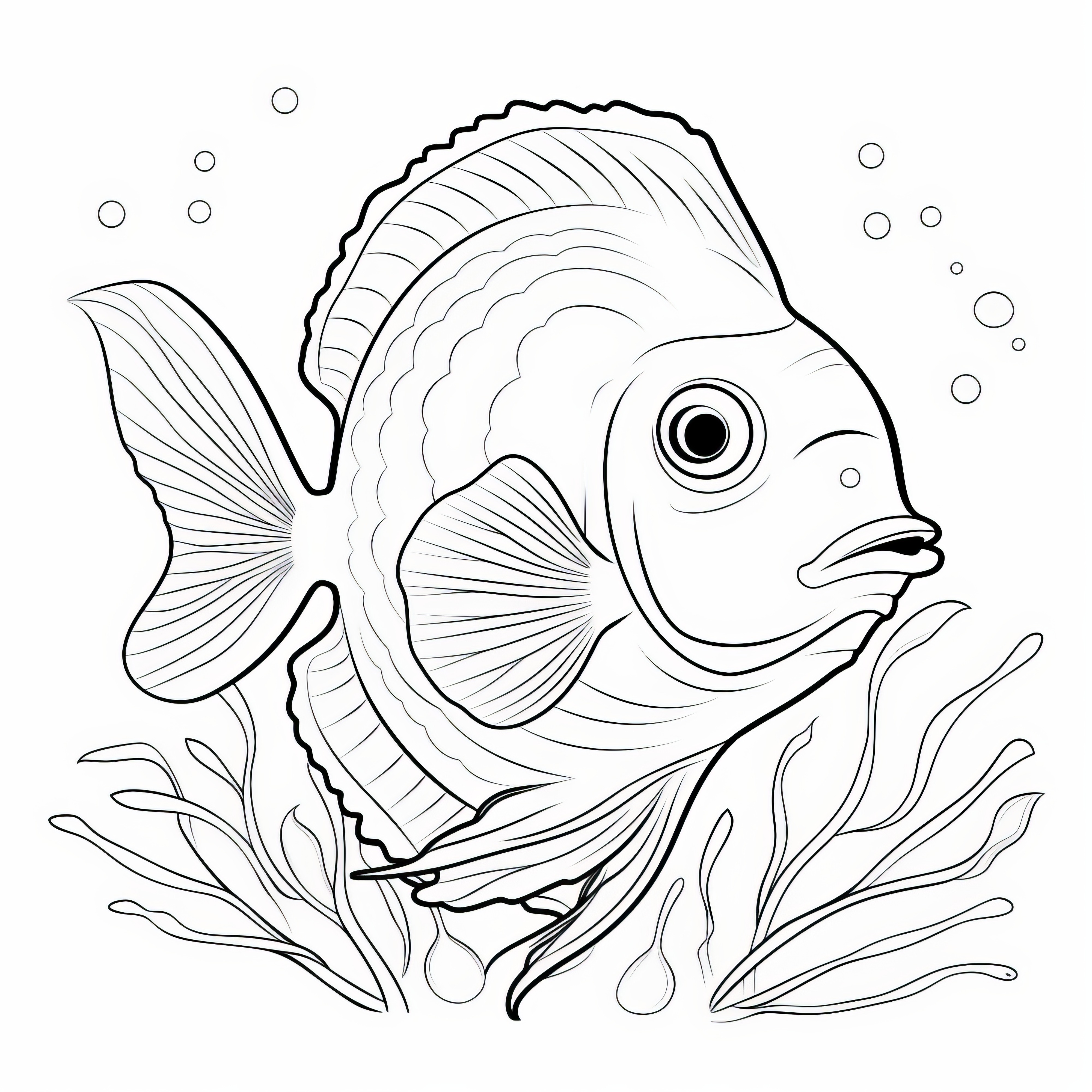 Poisson nage parmi les plantes aquatiques : Coloriage gratuit à télécharger