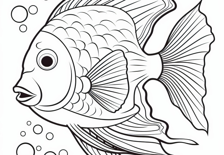 Beau poisson coloré avec des bulles d'air: coloriage à télécharger gratuitement