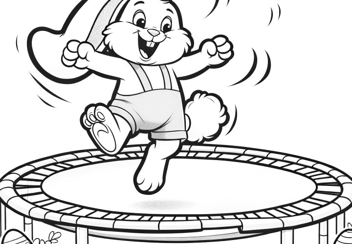 Joyeux lapin de Pâques sur un trampoline : image de Pâques à colorier (gratuit)