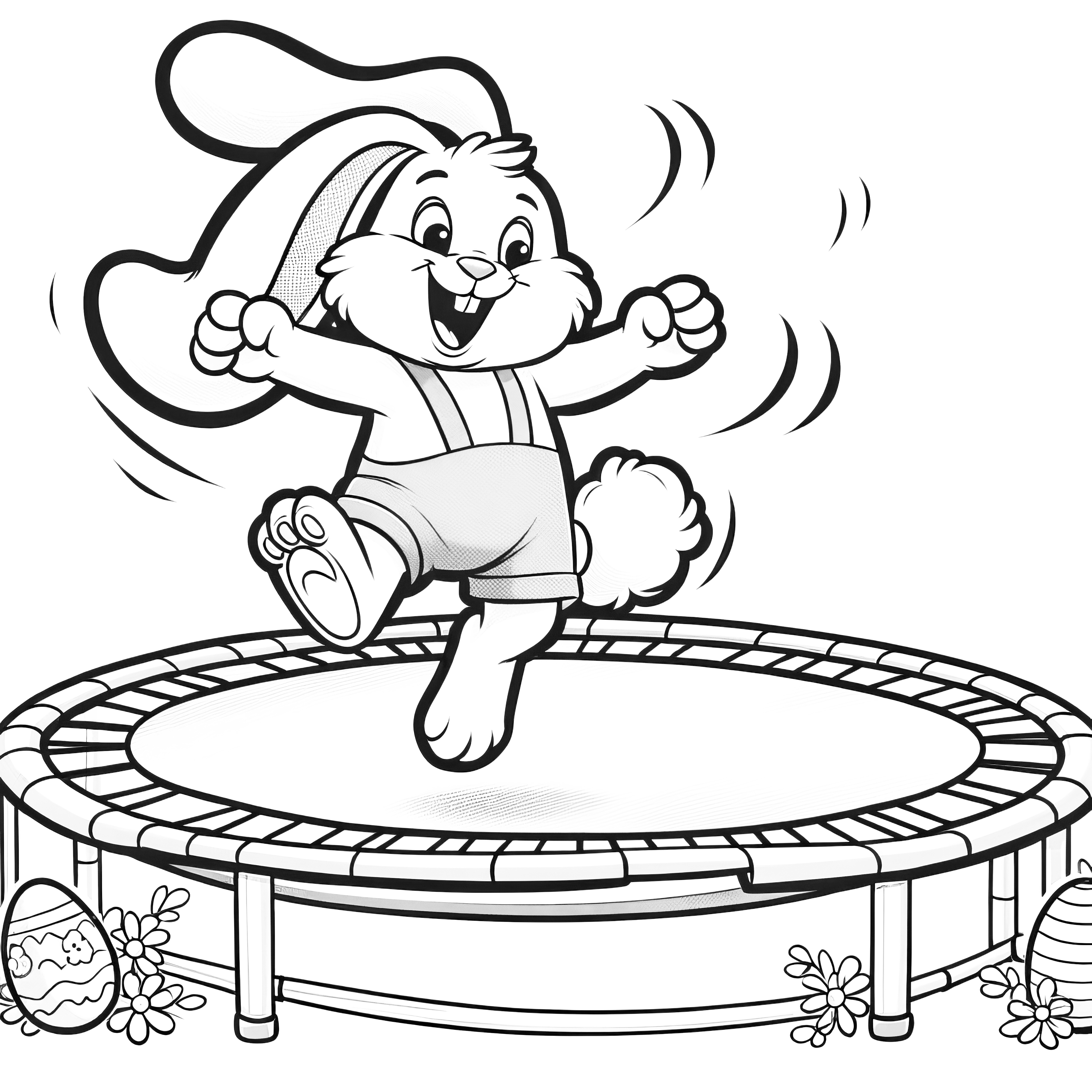 Happy Easter bunny on a trampoline: Easter picture to color (free)