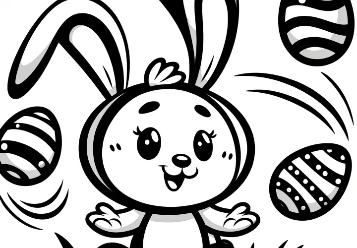 Little Easter bunny juggles Easter eggs: Coloring page for download (Free)