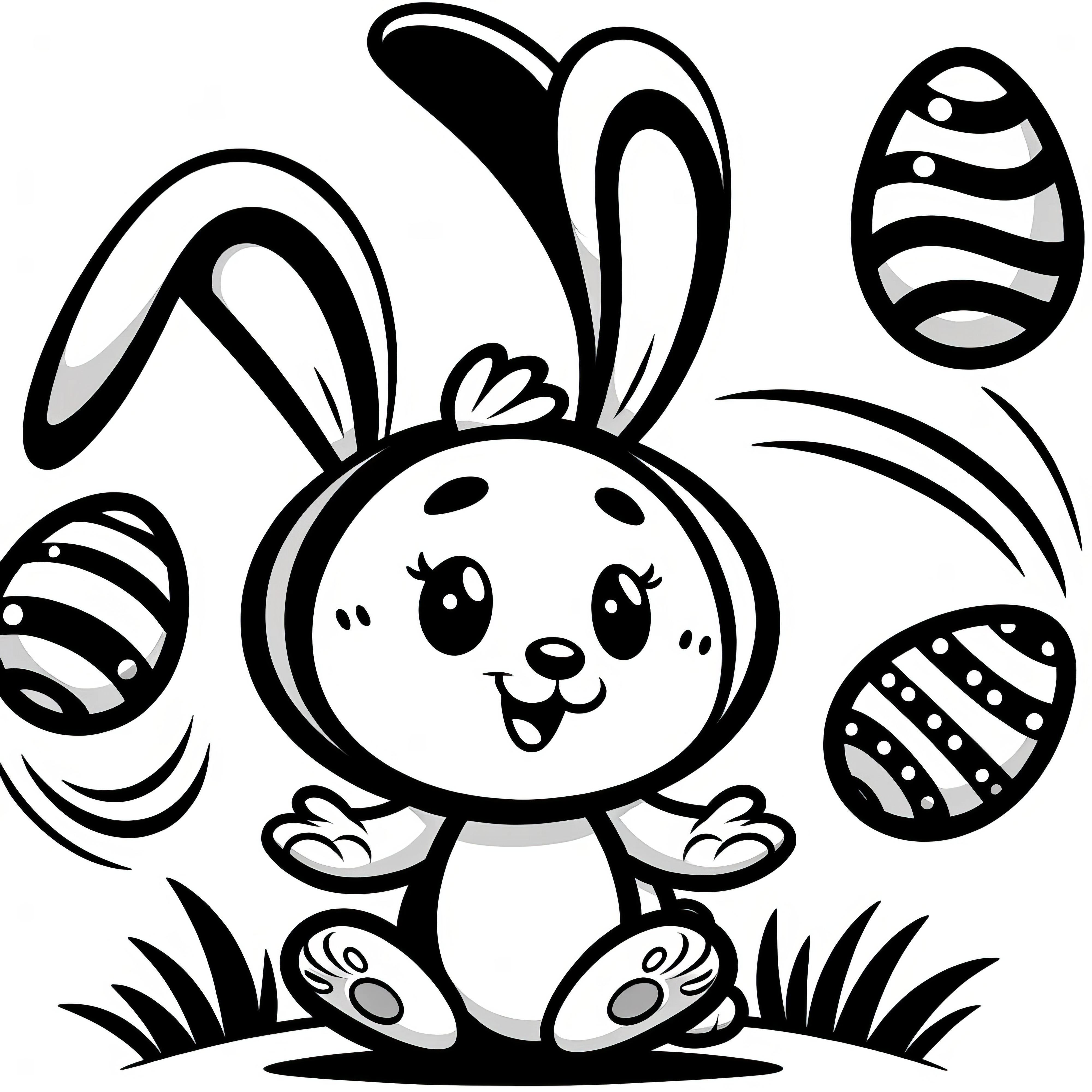 Little Easter bunny juggles Easter eggs: Coloring page for download (Free)