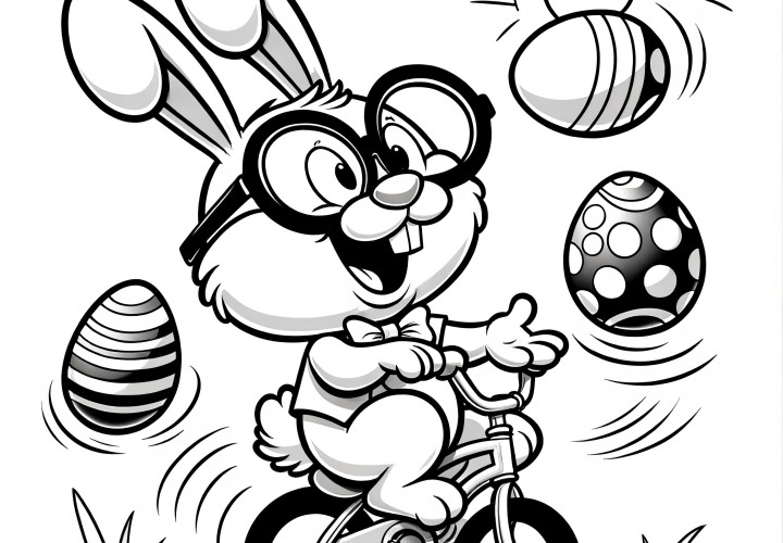 Laughing Easter bunny on a bicycle: Coloring page with Easter eggs available for download (free)