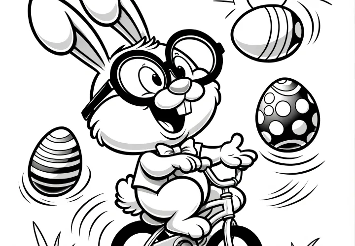 Lapin de Pâques souriant sur un vélo : image à colorier avec des œufs de Pâques à télécharger (gratuitement)