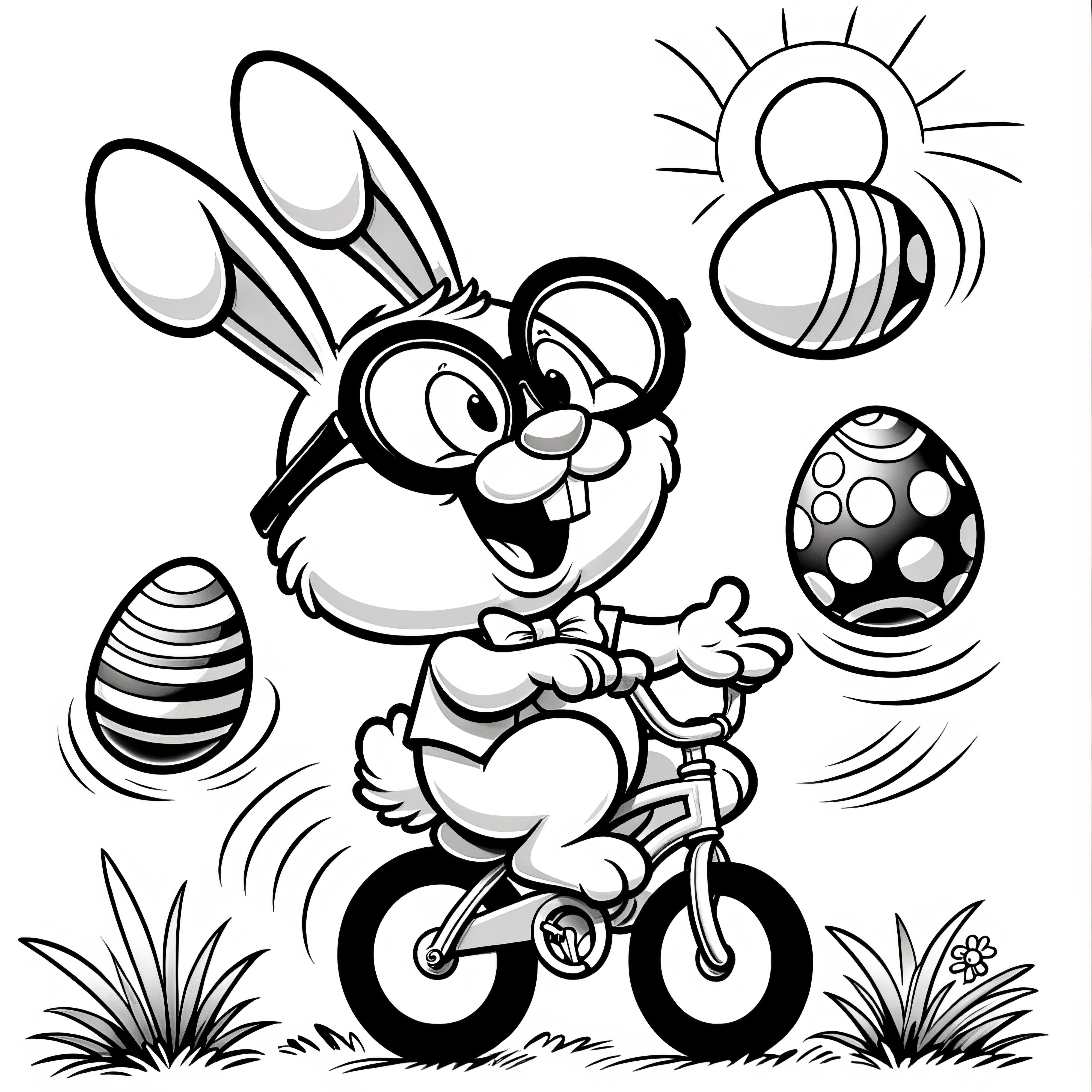 Laughing Easter Bunny on a bike: Coloring picture with Easter eggs to download (Free)