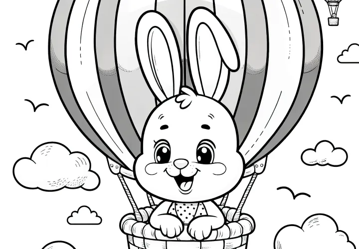 Cute Easter bunny on a balloon ride: Easter picture to color (Free)