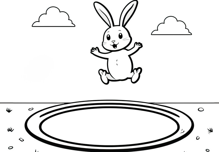 Jumping Easter bunny on a trampoline: Simple coloring page for children (Free)