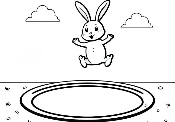 Lapin de Pâques sautant sur un trampoline : Coloriage simple pour enfants (Gratuit)