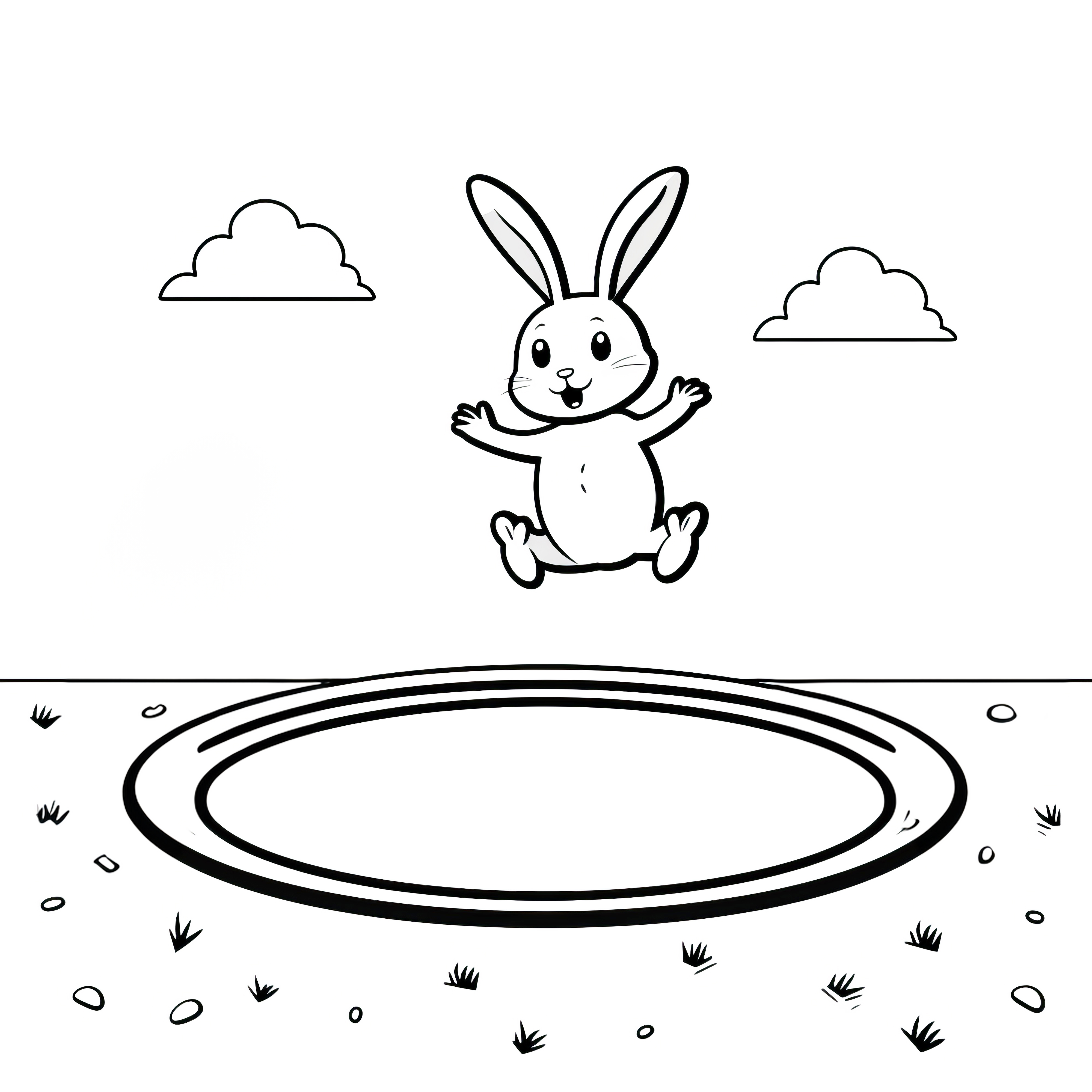 Jumping Easter bunny on a trampoline: Simple coloring picture for children (Free)