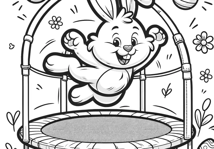 Lapin de Pâques avec des œufs de Pâques sur un trampoline : Modèle de coloriage simple à télécharger (Gratuit)