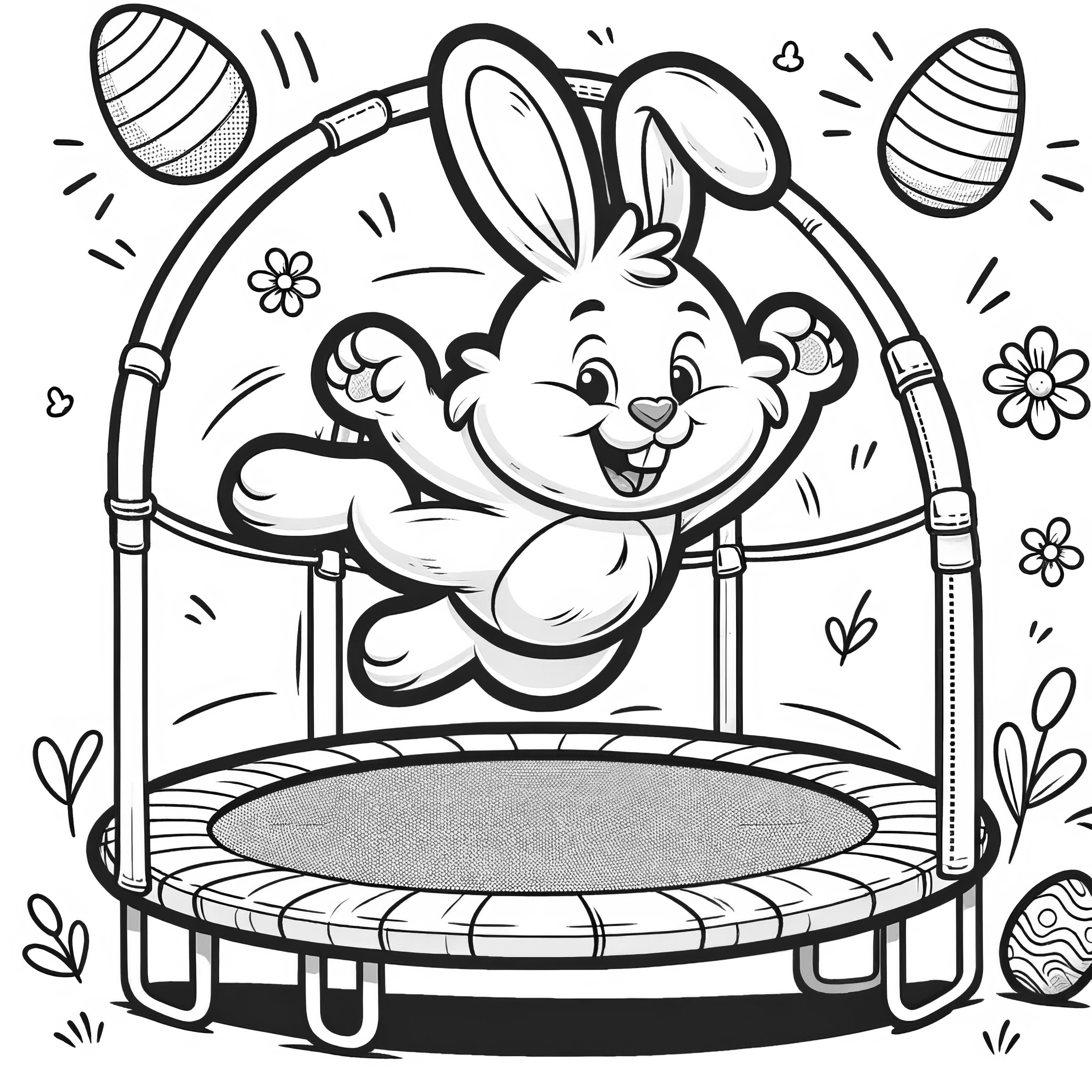 Easter bunny with Easter eggs on a trampoline: Easy coloring page for downloading (Free)