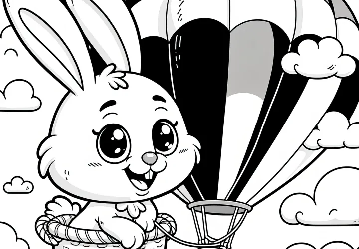 Easter bunny flies in the basket in the cloudy sky: Easter picture to color (Free)