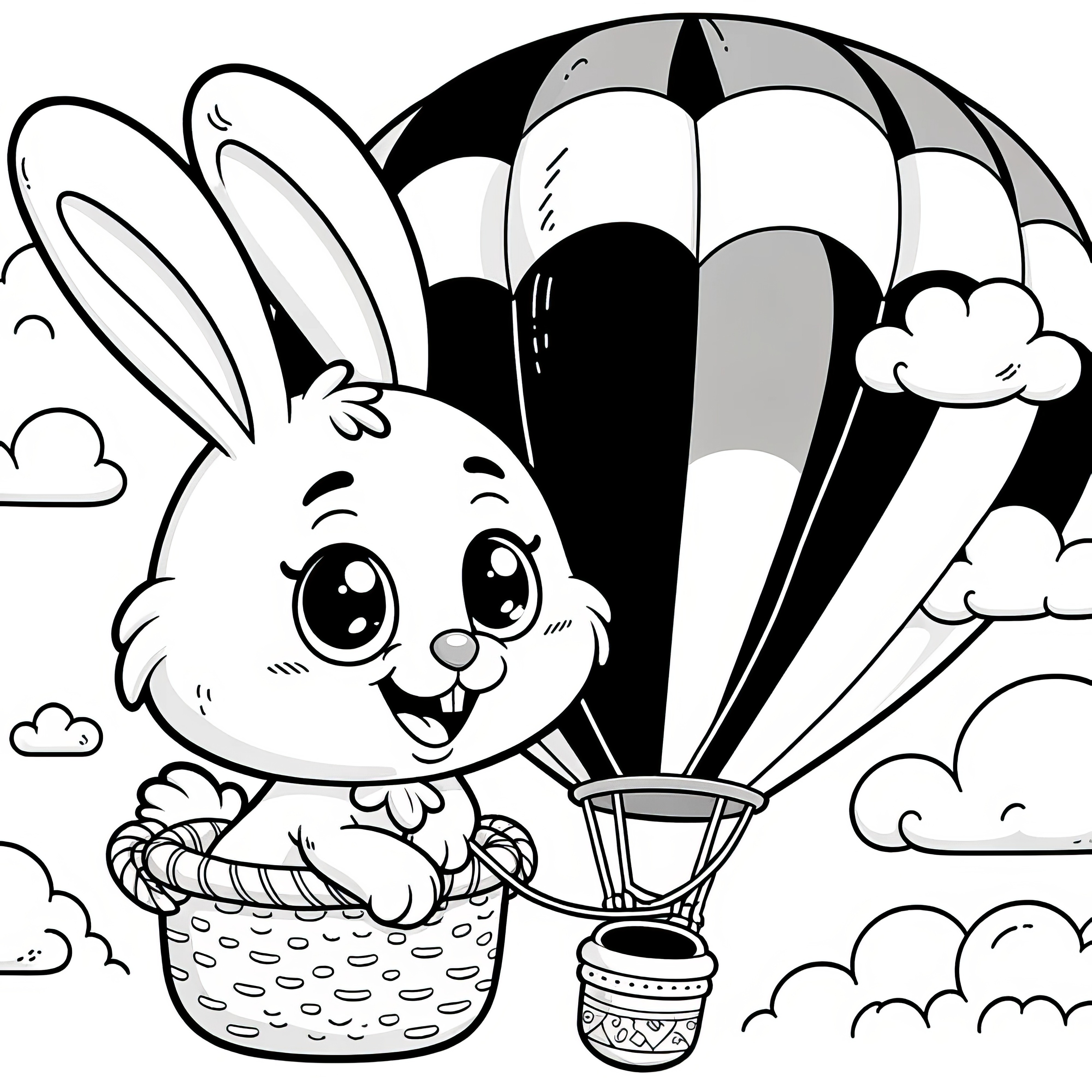 Easter bunny flies in the basket in the cloudy sky: Easter picture to color (Free)