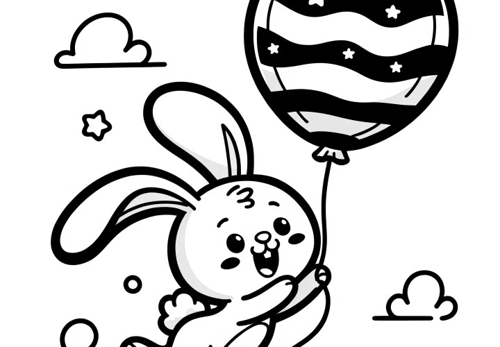 Lapin de Pâques volant avec un ballon : Modèle de coloriage simple pour enfants (Gratuit)